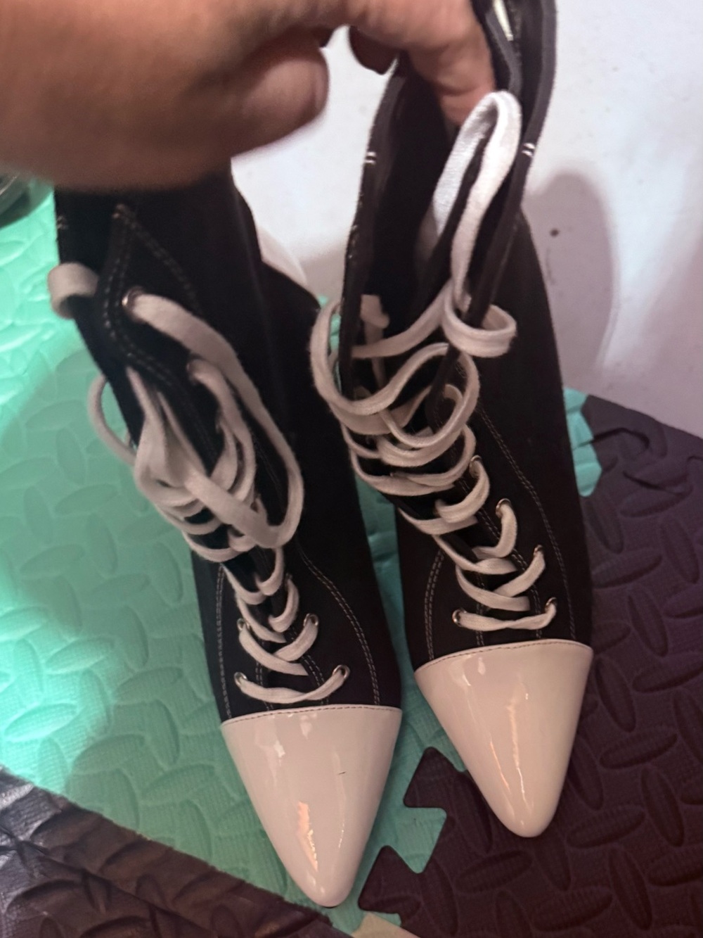 Black Lace-Up Pointed Toe Boots with White Patent Cap. Perfect whitch boots